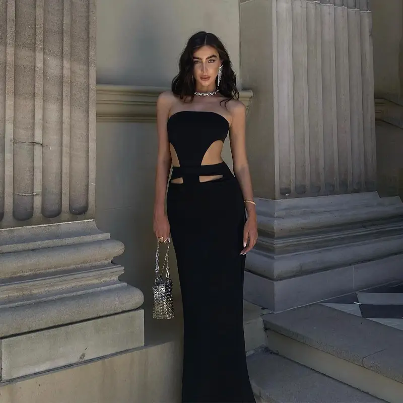 Black Strapless Hollow Split Dress for Women - Image 2
