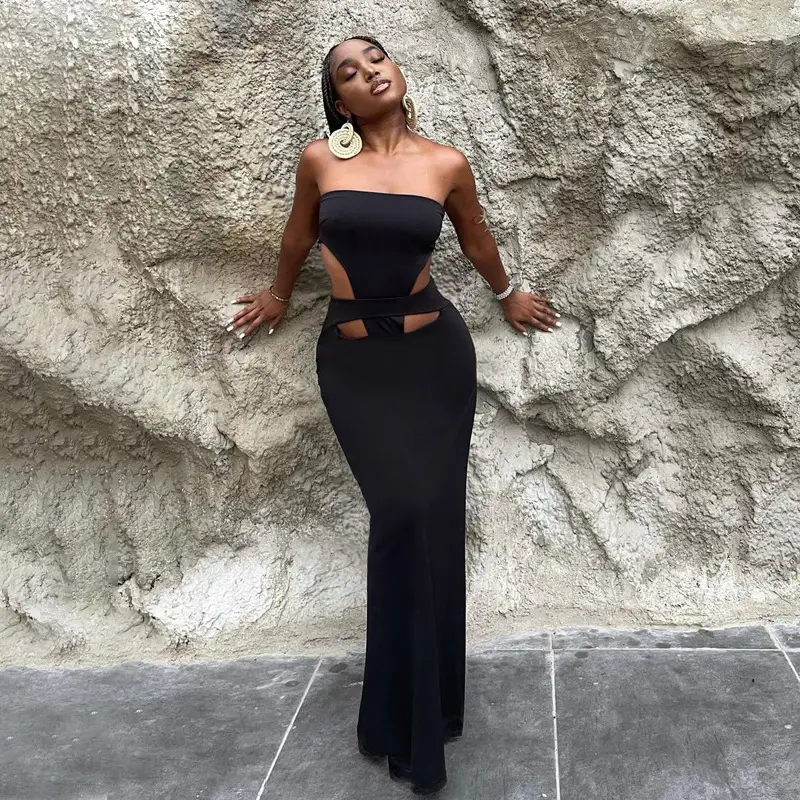 Black Strapless Hollow Split Dress for Women - Image 4