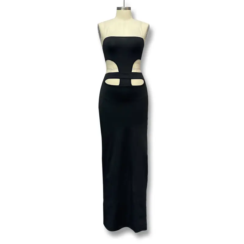 Black Strapless Hollow Split Dress for Women - Image 5