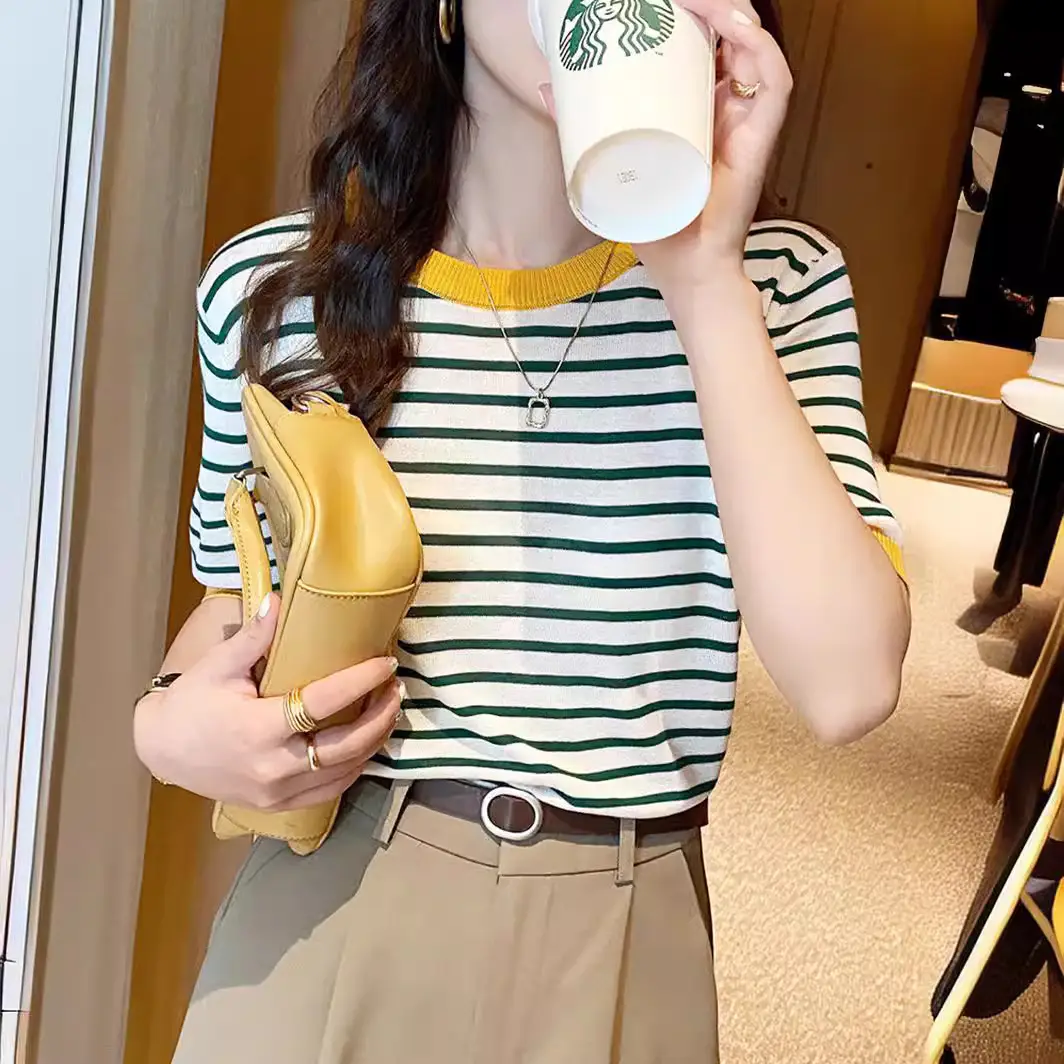 Women Striped Ice Silk T-Shirt Red Trim 2025 - Image 6