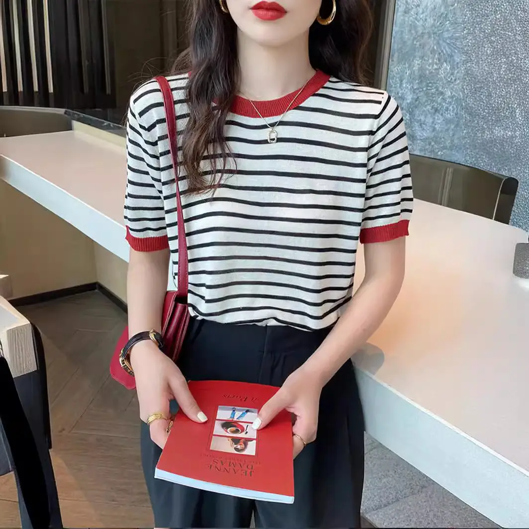 Women Striped Ice Silk T-Shirt Red Trim 2025 - Image 7