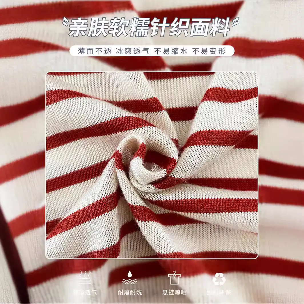 Women Striped Ice Silk T-Shirt Red Trim 2025 - Image 8
