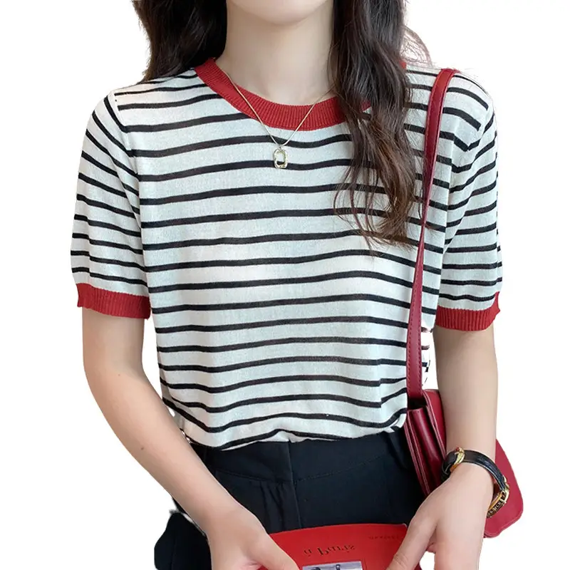 Women Striped Ice Silk T-Shirt Red Trim 2025 - Image 9