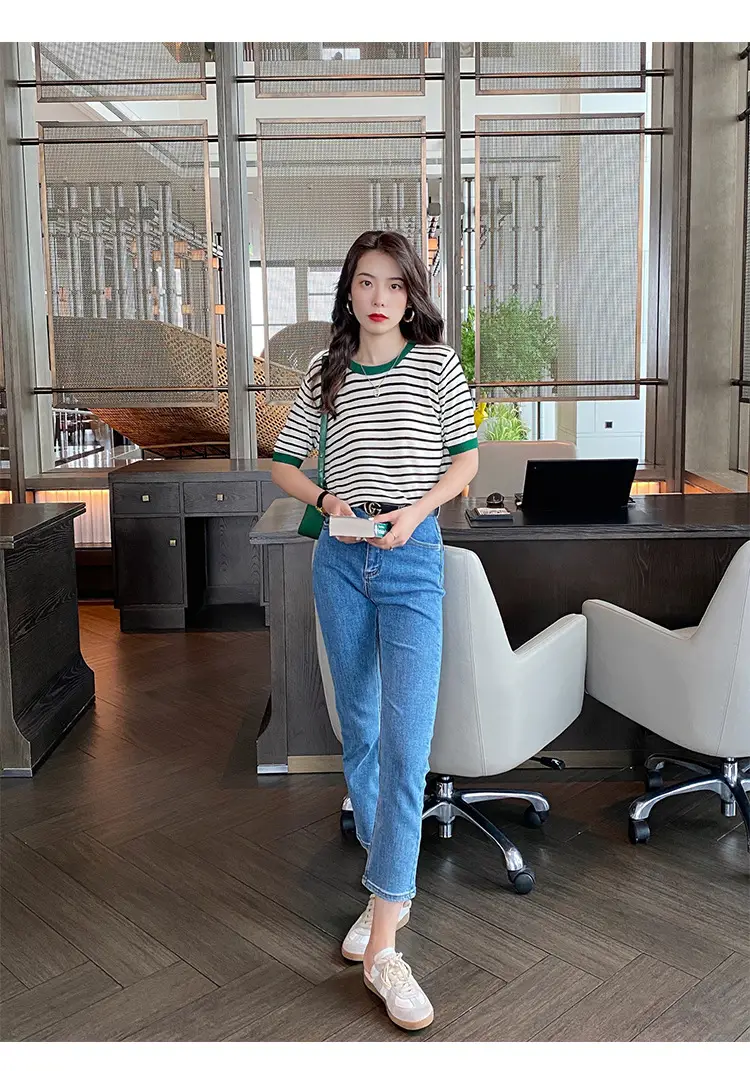Women Striped Ice Silk T-Shirt Red Trim 2025 — feature 18