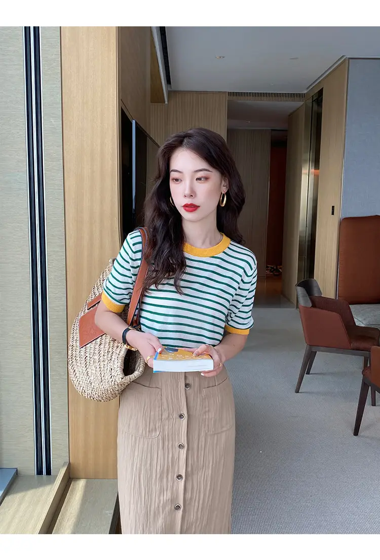 Women Striped Ice Silk T-Shirt Red Trim 2025 — feature 19