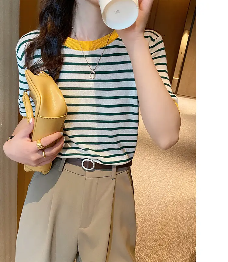 Women Striped Ice Silk T-Shirt Red Trim 2025 — feature 20