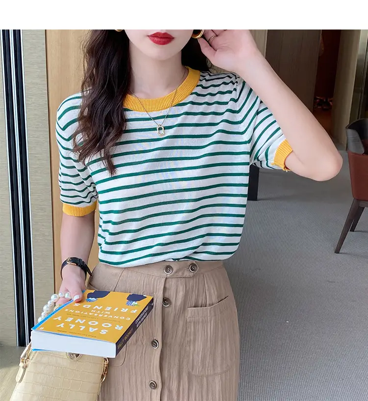 Women Striped Ice Silk T-Shirt Red Trim 2025 — feature 21