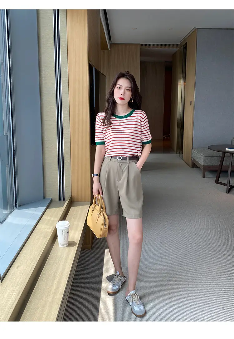 Women Striped Ice Silk T-Shirt Red Trim 2025 — feature 27