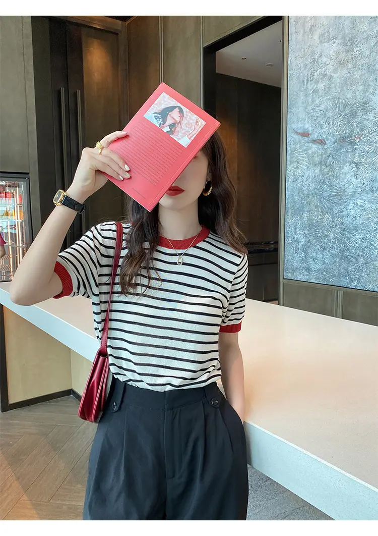 Women Striped Ice Silk T-Shirt Red Trim 2025 — feature 32