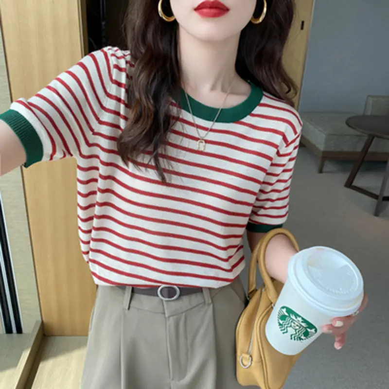 Women Striped Ice Silk T-Shirt Red Trim 2025 - Image 4