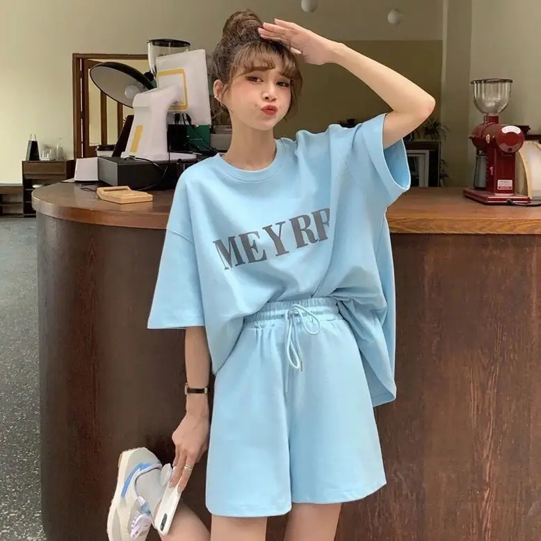 Women Letter Ins Shorts Set Light Blue 2025 Summer