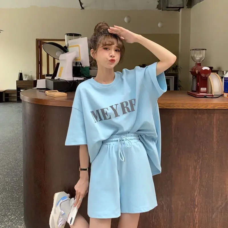 Women Letter Ins Shorts Set Light Blue 2025 Summer — feature 24