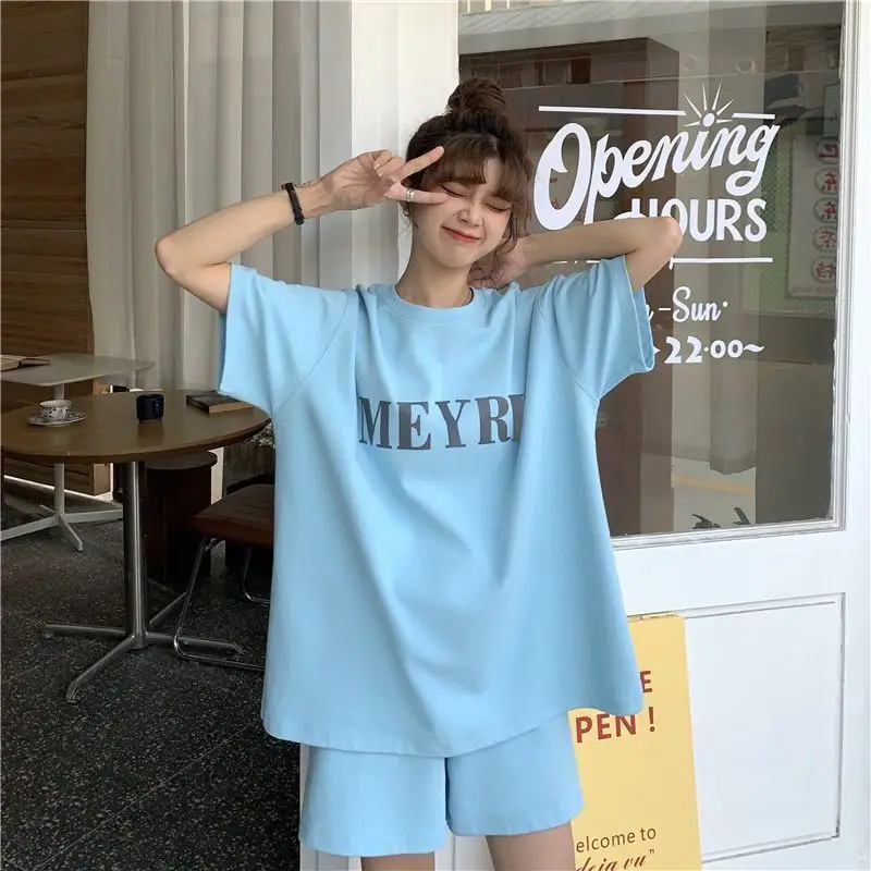Women Letter Ins Shorts Set Light Blue 2025 Summer — feature 25