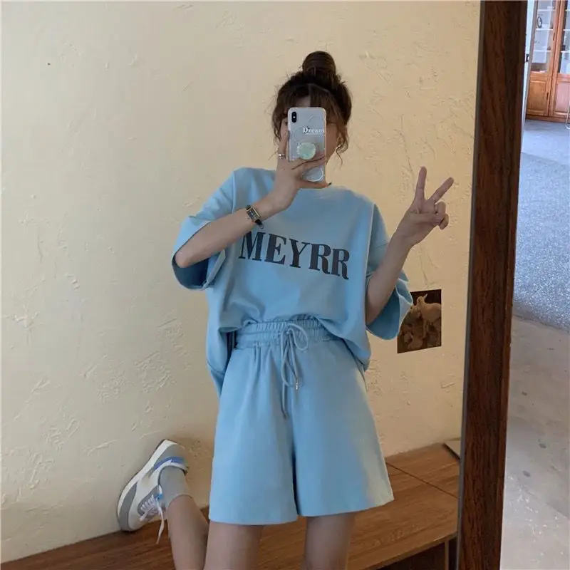 Women Letter Ins Shorts Set Light Blue 2025 Summer — feature 29