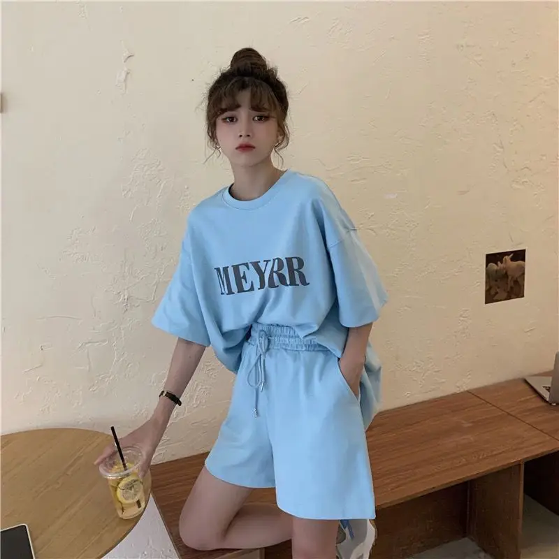 Women Letter Ins Shorts Set Light Blue 2025 Summer — feature 31