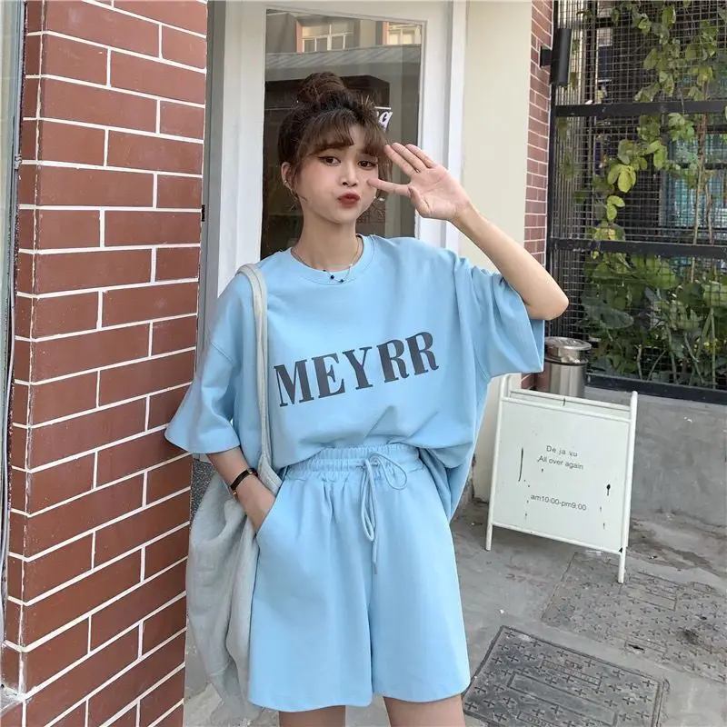Women Letter Ins Shorts Set Light Blue 2025 Summer