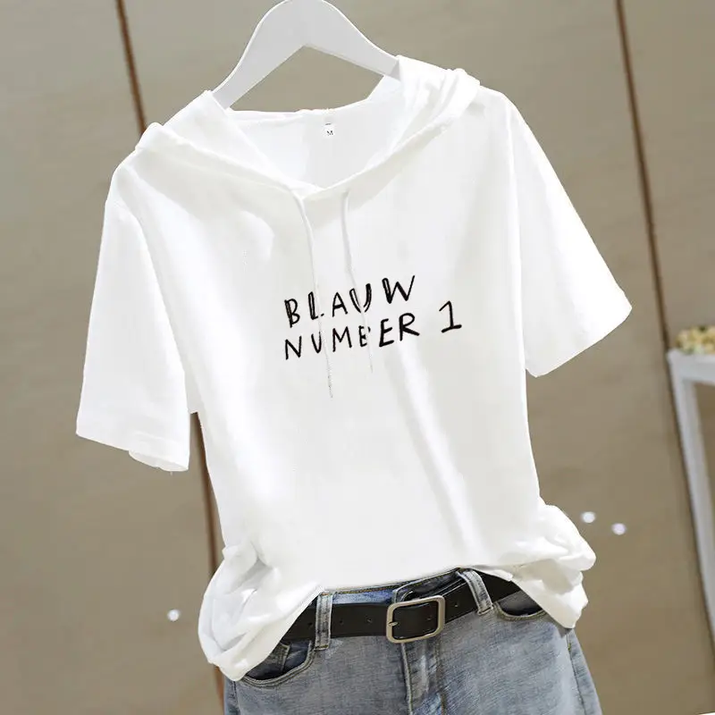 Women Hooded T-Shirt White Heart Design Short Sleeve - Image 8