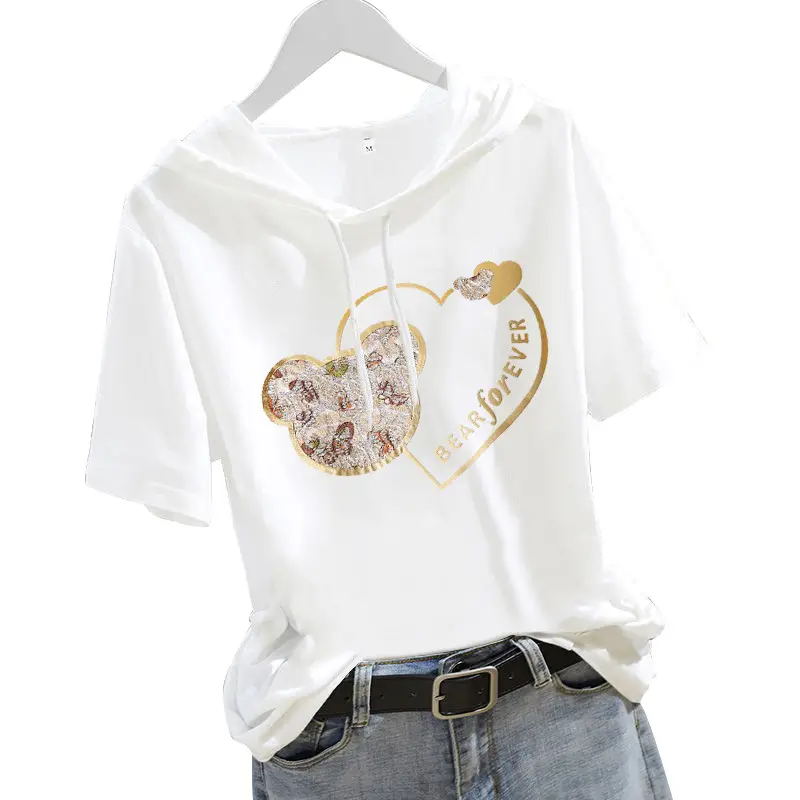 Women Hooded T-Shirt White Heart Design Short Sleeve - Image 9