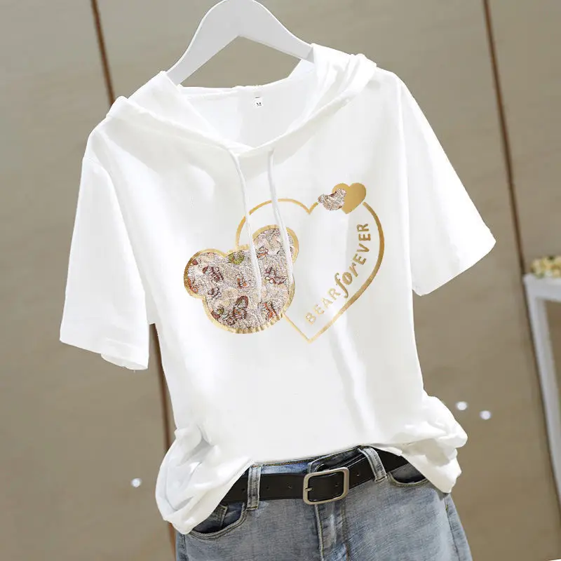 Women Hooded T-Shirt White Heart Design Short Sleeve — feature 5