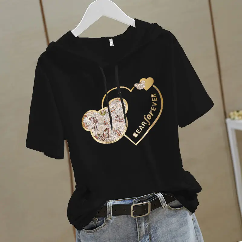 Women Hooded T-Shirt White Heart Design Short Sleeve — feature 6