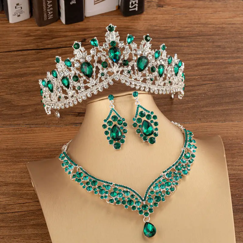 Blue Rhinestone Bridal Crown & Earrings Set