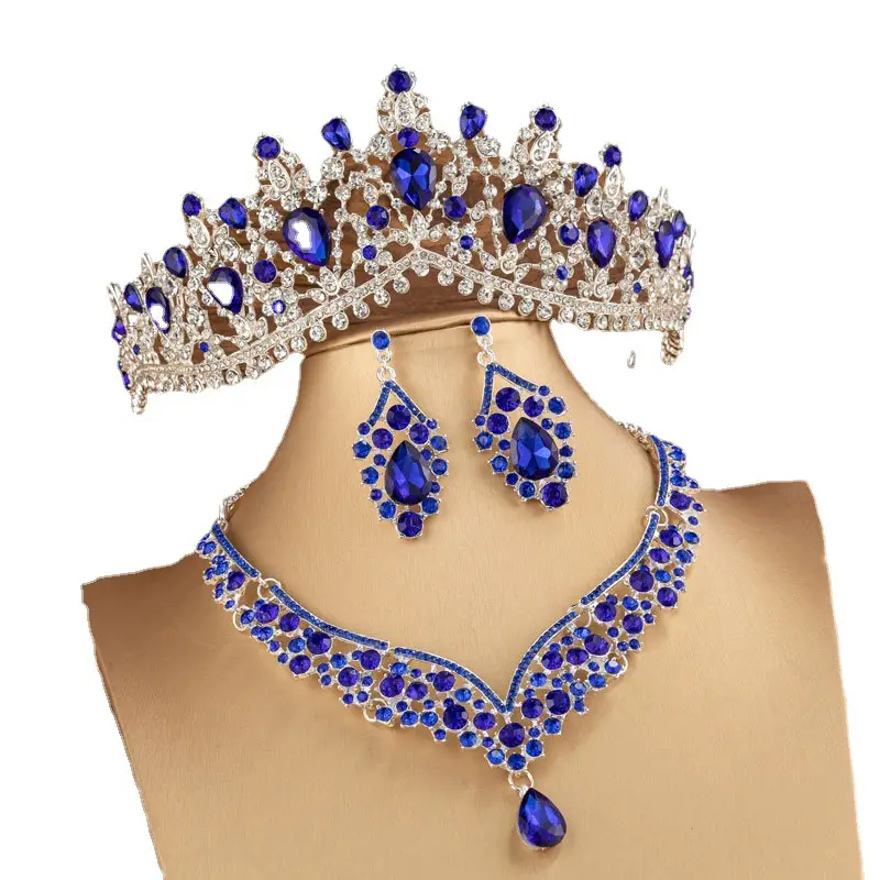 Blue Rhinestone Bridal Crown & Earrings Set