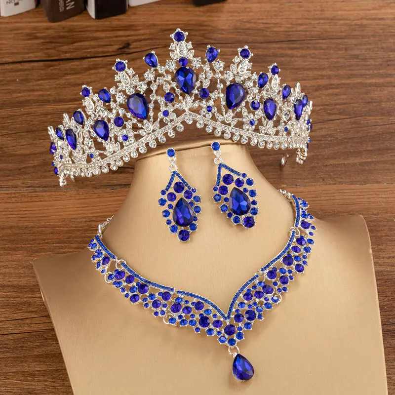 Blue Rhinestone Bridal Crown & Earrings Set