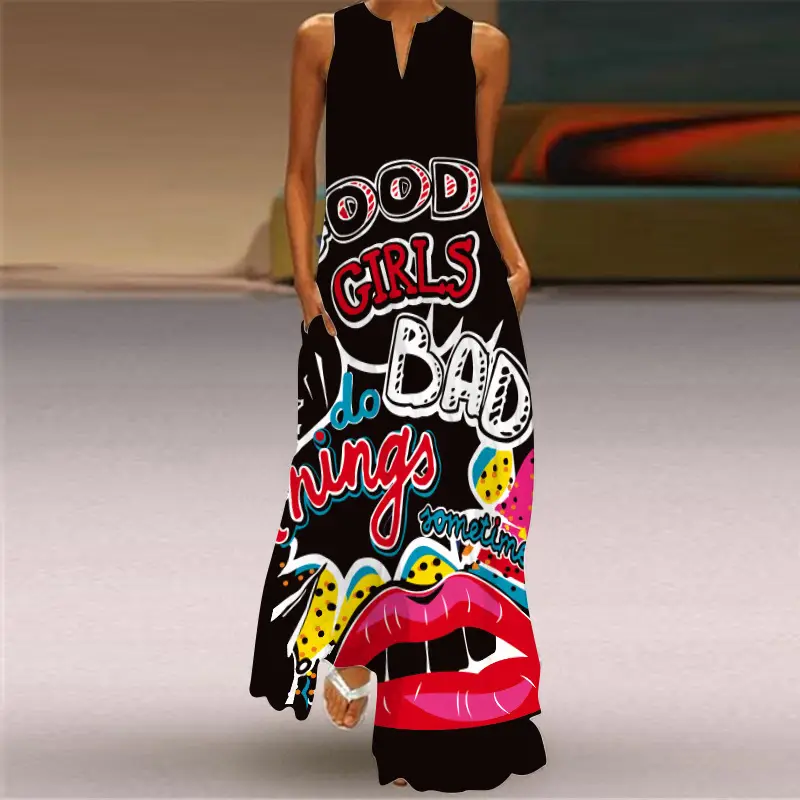 V-Neck Letter Print Sleeveless Dress for Women