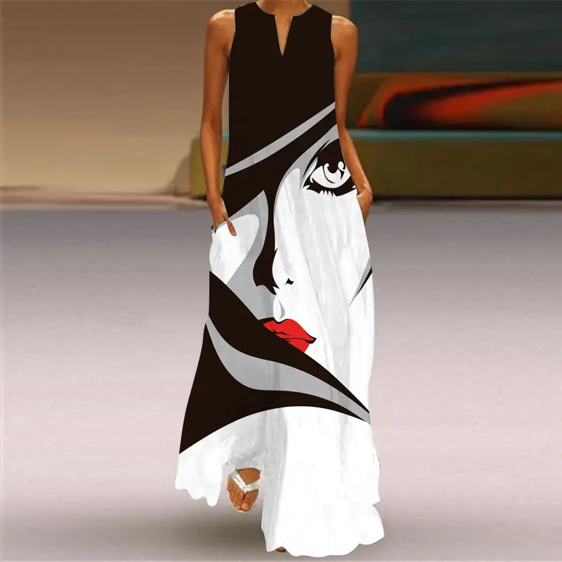 V-Neck Letter Print Sleeveless Dress for Women