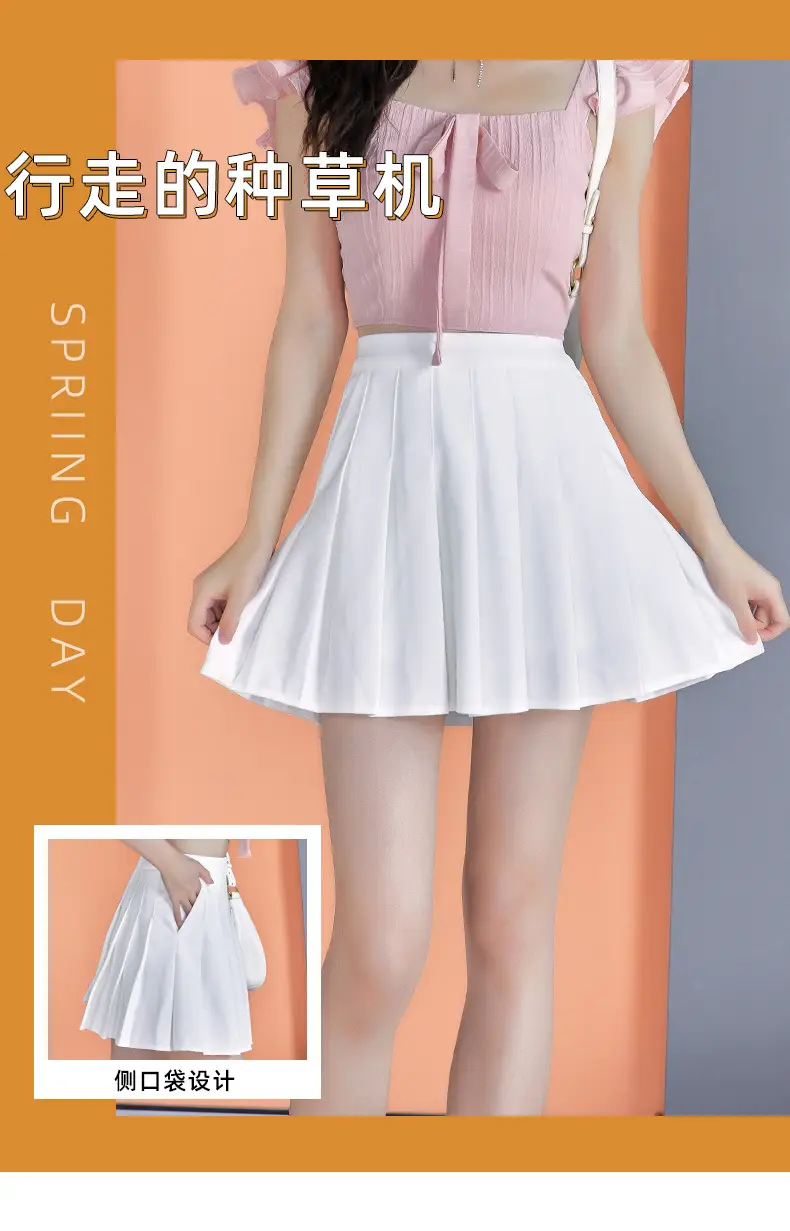 Women's White Pleated Skirt with Pocket Anti-Running — feature 1