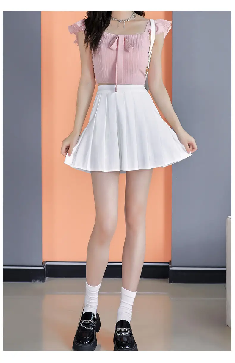 Women's White Pleated Skirt with Pocket Anti-Running — feature 17