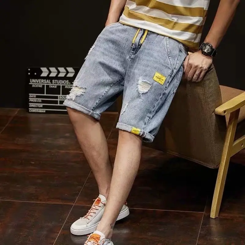 2022 Denim Shorts with Distress & Yellow Patch - Image 3