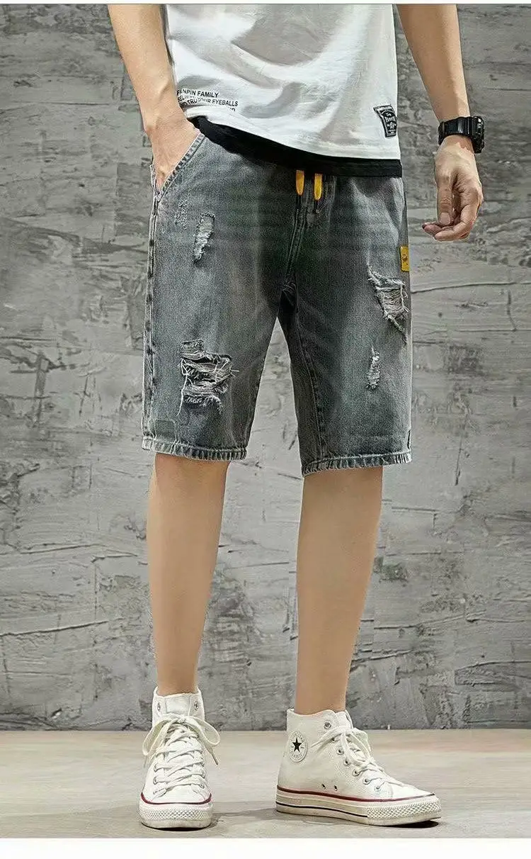 2022 Denim Shorts with Distress & Yellow Patch - Image 5