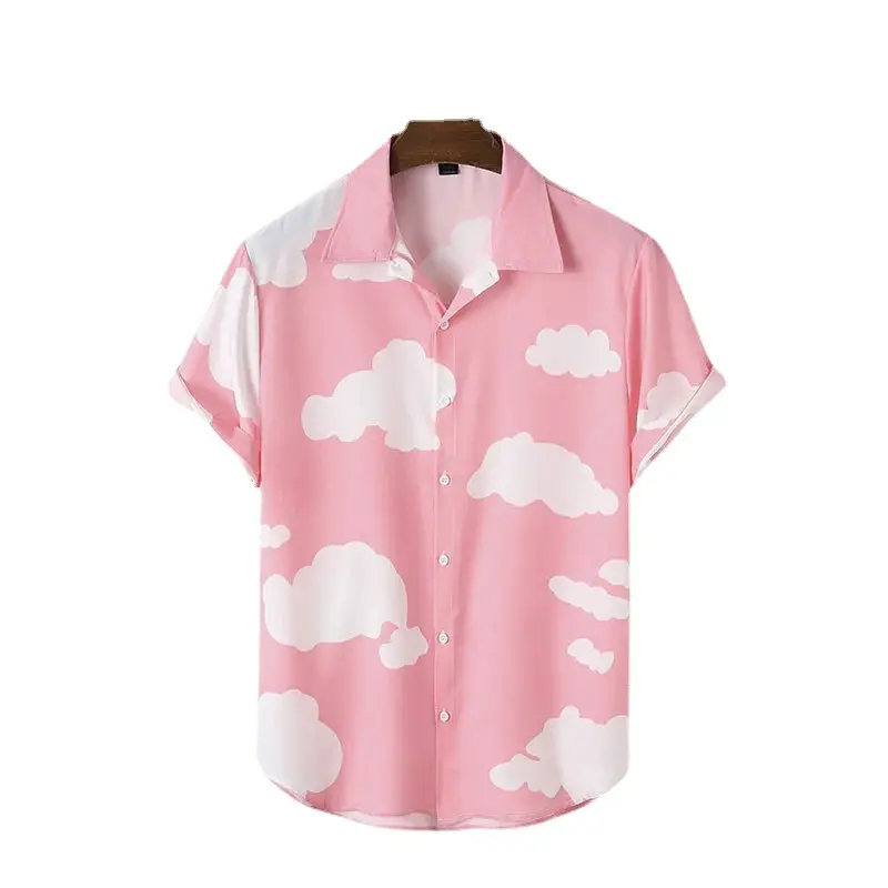 Pink Cloud Print Short Sleeve Men's Shirt - Image 6