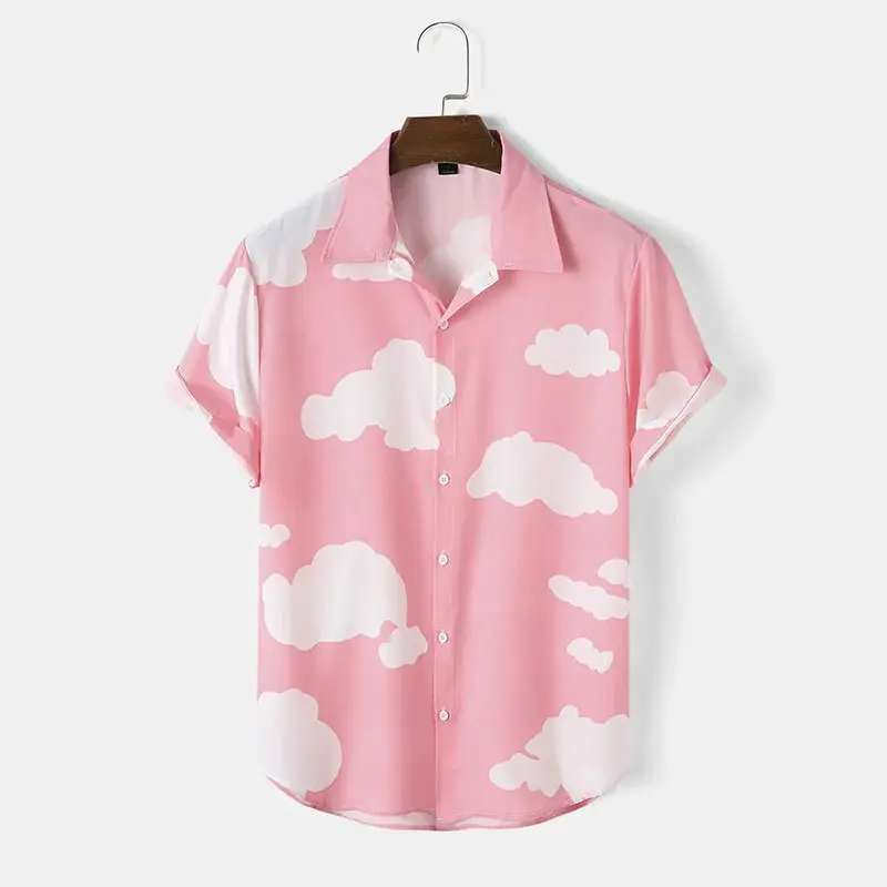 Pink Cloud Print Short Sleeve Men's Shirt - Image 2