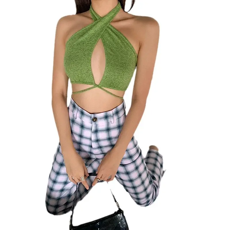 Women's Green Hollow Backless Vest with Blue Pants