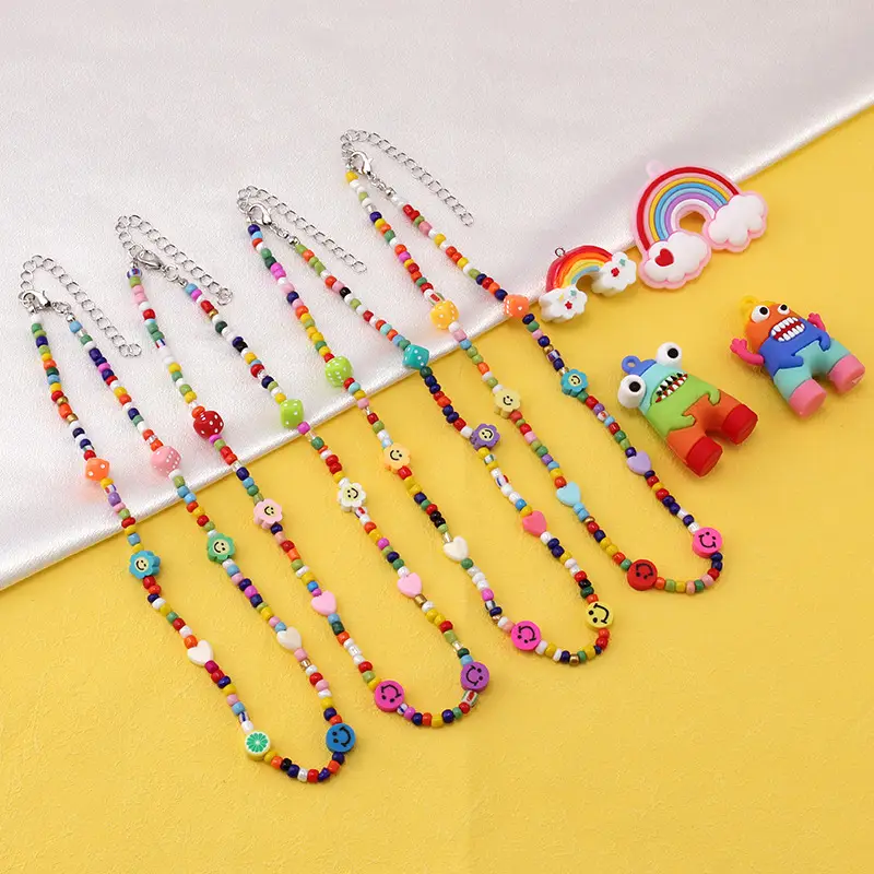 Women's Rainbow Monster Necklace with Hip Hop Dice & Rice Beads