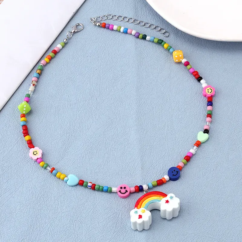 Women's Rainbow Monster Necklace with Hip Hop Dice & Rice Beads