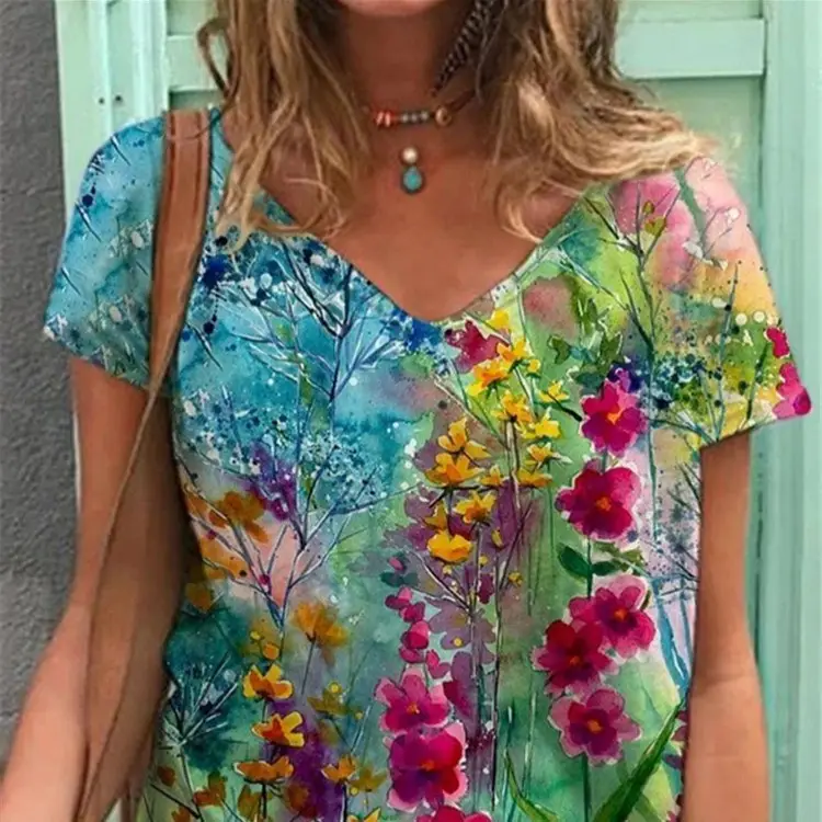 Women 3D Floral Print V-Neck T-Shirt Summer