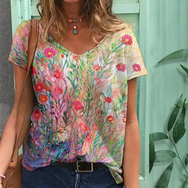 Women 3D Floral Print V-Neck T-Shirt Summer