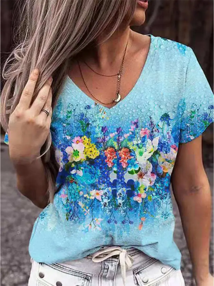 Women 3D Floral Print V-Neck T-Shirt Summer