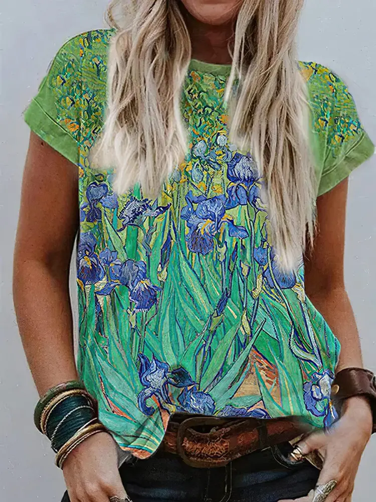 Women 3D Floral Print V-Neck T-Shirt Summer