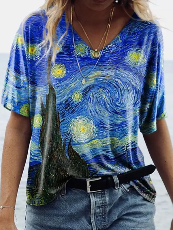 Women 3D Floral Print V-Neck T-Shirt Summer