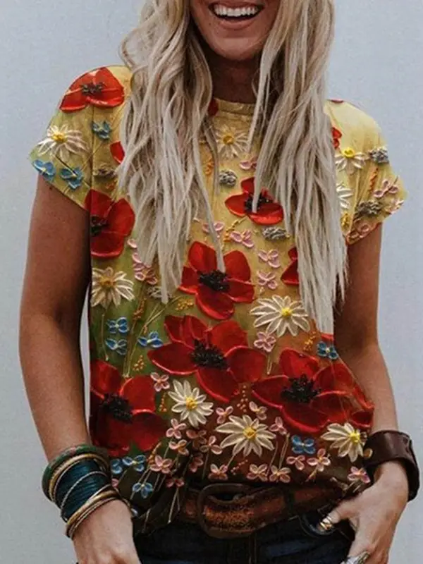 Women 3D Floral Print V-Neck T-Shirt Summer