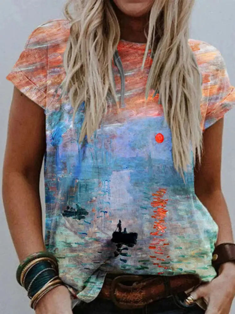 Women 3D Floral Print V-Neck T-Shirt Summer