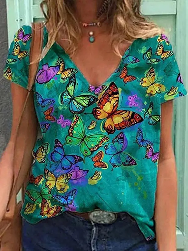 Women 3D Floral Print V-Neck T-Shirt Summer
