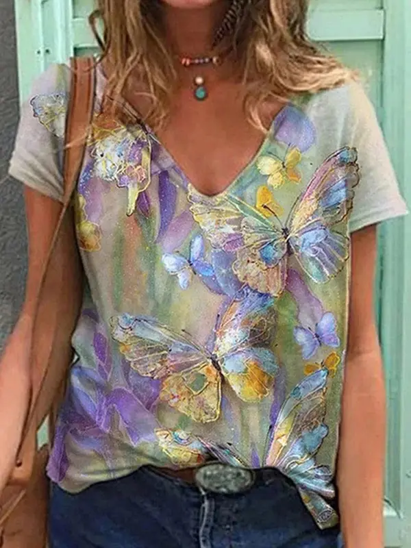Women 3D Floral Print V-Neck T-Shirt Summer