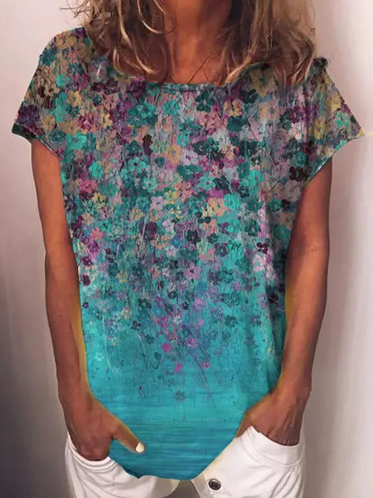 Women 3D Floral Print V-Neck T-Shirt Summer