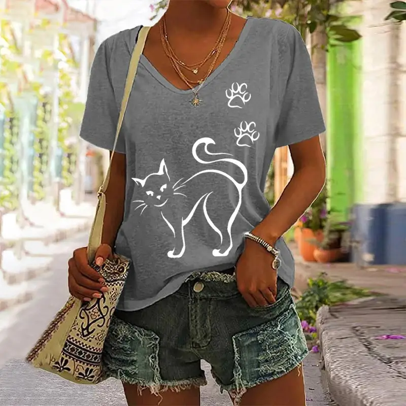 Women 3D Floral Print V-Neck T-Shirt Summer