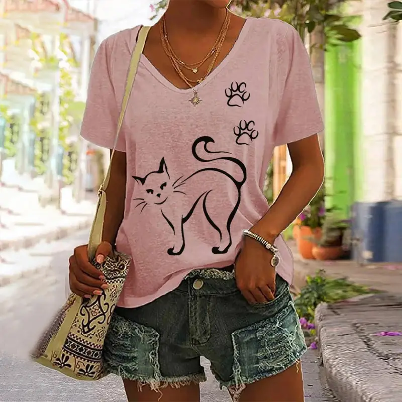 Women 3D Floral Print V-Neck T-Shirt Summer